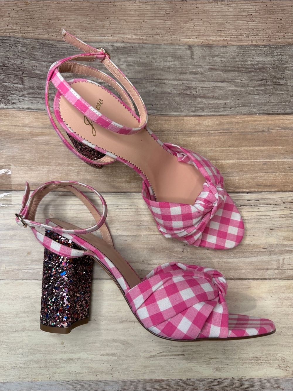 J Crew Stella Pink Gingham Knot Front Block Heel Sandal 8 NEW